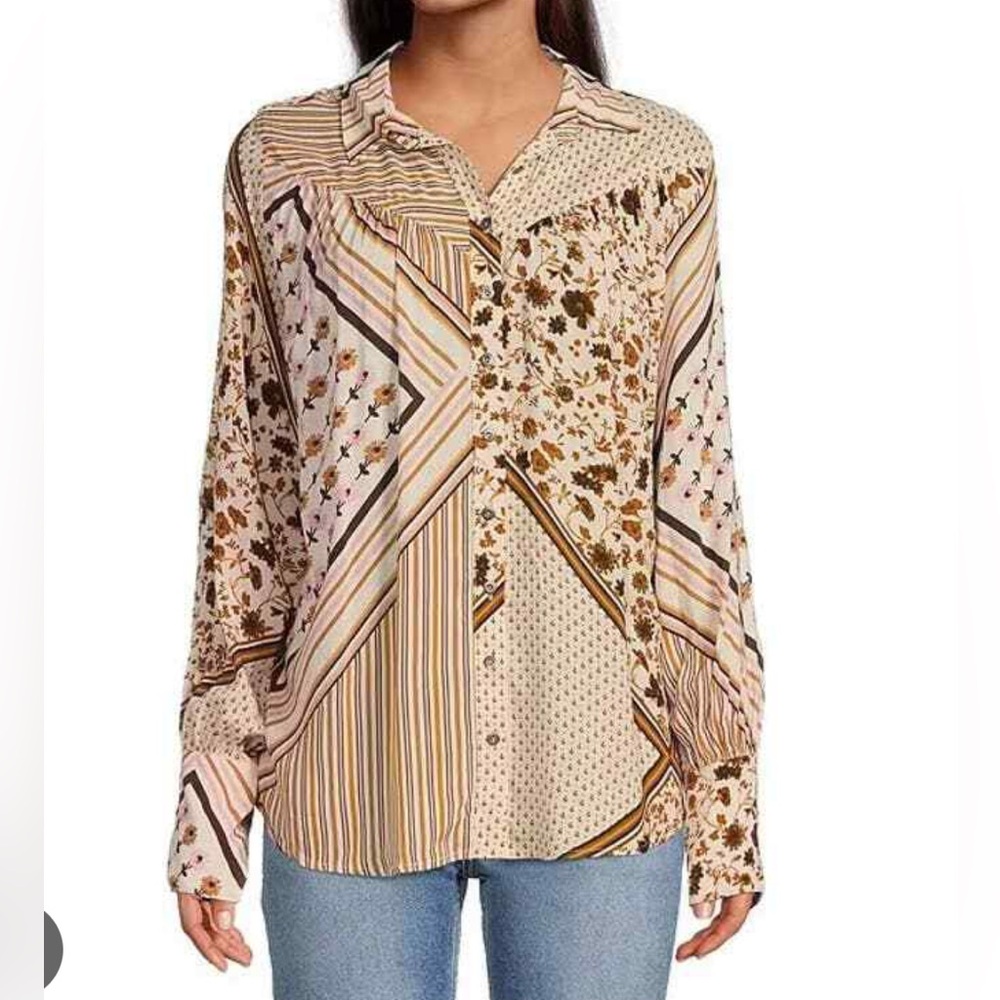 NWT Free People Hazel Patchwork Button Down Blouse, small